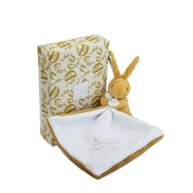 DOUDOU ET COMPAGNIE - Lapin Ocre avec Doudou Mouchoir à Fleurs – Peluche Bébé Mixte Ultra Douce – Doudou Naissance avec Boîte Ca