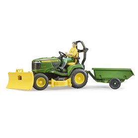 bruder 62104 - Bworld John Deere Tracteur à gazon avec remorque & jardinier - 1:16 Tracteur