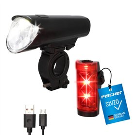 FISCHER Kit d'éclairage LED pour vélo - Petite boîte - Résistant aux éclaboussures - Rechargeable - Montage Facile - Noir