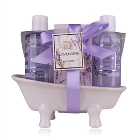 Accentra-Set cadeau de douche Femme LAVANDE dans une belle baignoire en céramique-Set de 3 pièces gel douche