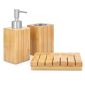 Navaris Set Accessoires Salle de Bain - 3X Accessoire pour Salle de Bain en Bambou - Porte-Brosse à dent - Distributeur de Savon