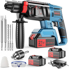 Marteau Perforateur Sans fil avec Aeux Batteries de Rechange 21 V 4000 mAh, Fonctions 4 en 1, Adaptateur SDS-plus avec Mandrin d