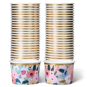 Lot de 50 Pots Glace 266 ml et Coupelles Jetables – Bols en Papier avec Motif Floral et Bord Doré – Pot à Glace Jetable