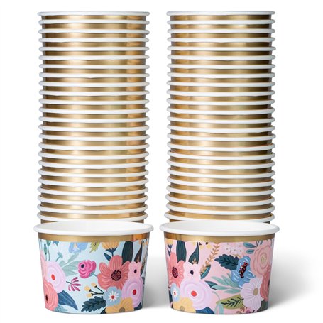 Lot de 50 Pots Glace 266 ml et Coupelles Jetables – Bols en Papier avec Motif Floral et Bord Doré – Pot à Glace Jetable