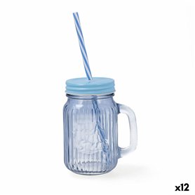 Carafe avec Couvercle et Paille Quid Maison Bleu verre 450 ml (12 Unités)