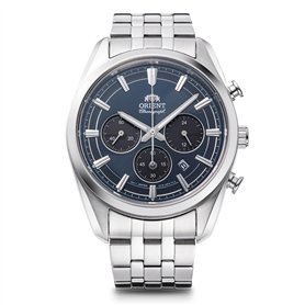 Orient Stretto RA-TX0303L10B Montre chronographe solaire 43 mm Cadran bleu marine Bracelet en acier pour homme RA-TX0303L10B Doi