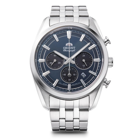 Orient Stretto RA-TX0303L10B Montre chronographe solaire 43 mm Cadran bleu marine Bracelet en acier pour homme RA-TX0303L10B Doi