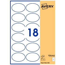 Avery Étiquettes Autocollantes Ovales 64x42 mm - Pack de 180 Papier Blanc Mat - Personnalisables Étiquette Avery Imprimables Las