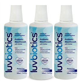 Luvbiotics rince-bouche avec des probiotiques et du xylitol. Favorise les bonnes bactéries pour une haleine fraîche