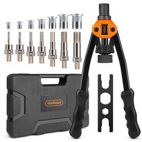 VonHaus Pince à Rivet - 7 Mandrins M3 M4 M5 M6 M8 M10 M12 et 150 Écrous à Rivets Assortis – Set de Filetage avec Mallette de Tra