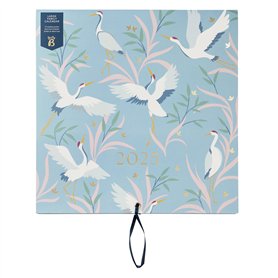 Busy B - Grand calendrier mural familial 2025 - Bleu Oiseaux - Calendrier mensuel avec 5 colonnes et pochettes de rangement avec