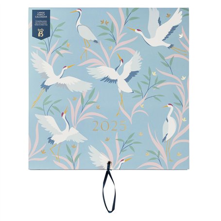Busy B - Grand calendrier mural familial 2025 - Bleu Oiseaux - Calendrier mensuel avec 5 colonnes et pochettes de rangement avec