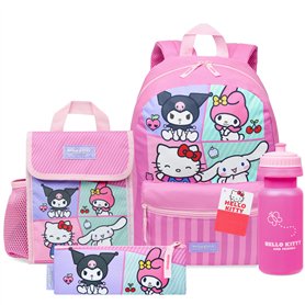 Hello Kitty Sanrio Sac à Dos Fille Kit Scolaire 4 Pièces Trousse Kawaii Sac Isotherme Repas Gourde 600ml Kuromi Cinnamoroll