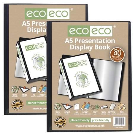 eco-eco Eco064x2 Lot de 2 porte-vues avec pochettes en plastique Noir Format A5 50% recyclé 80 pochettes