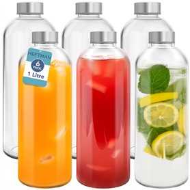 HEFTMAN Lot de 6 Bouteille Verre 1L - Bouteille en Verre 1 Litre avec Couvercles Hermétiques et Brosse de Nettoyage - Bouteilles