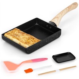 Winter Shore Kit Poele Omelette Japonaise - Poele a Oeuf Rectangle Antiadhésive avec Poignée en Bois - Comprend 1 Assiette pour
