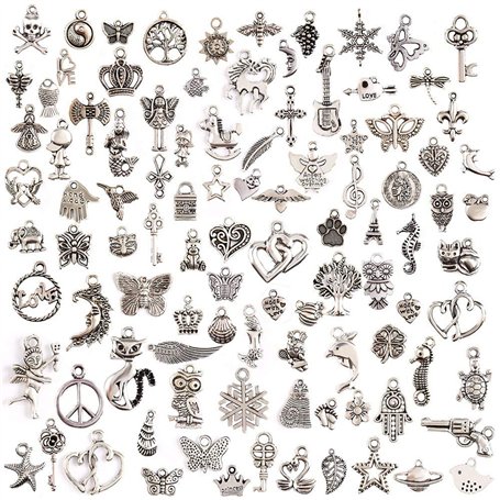 ZARRS 100 Pièces Breloques Argentées Mixte Charms Pendentifs