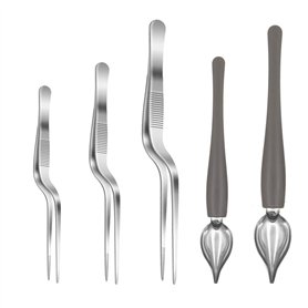 Lot de 5 cuillères de cuisine en acier inoxydable avec bec effilé et pince à épiler de précision pour les assiettes de cuisson