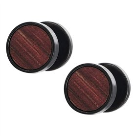 2 Noir Cercle Boucles d'oreilles avec Bois Homme Femme - Bouchon Jauge Faux Cheater Fake Gauges Plugs - Acier 1 Paire 01（-）