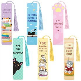BETESSIN Lot de 6 Marque-pages Chats en Papier avec Pompon Bookmarks Marqueur Livre 14x4