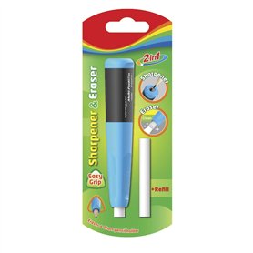 Matériau scolaire - Porte-gommes avec taille-crayon - Couleur bleue - Design ergonomique - Avec caoutchouc de rechange - Lame de