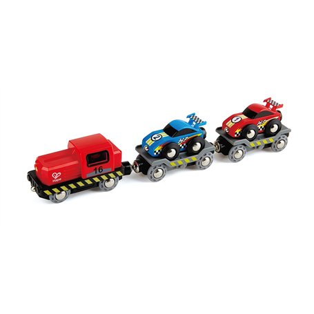 Jouet Hape Petit Train de Transport de Voiture de Course pour Circuit Train Bois - Jeu pour Enfant dès 3 Ans - Compatible avec L