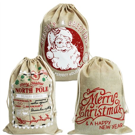 Grand sac de Noël en toile de jute 40 x 56 cm. Sacs cadeaux de Noël avec cordon de serrage. Paquet de 3