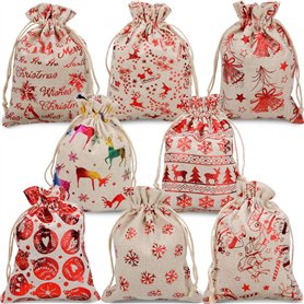 Qpout Paquet de 16 sachets métalliques de Noël en Toile de Jute avec Cordon de Serrage