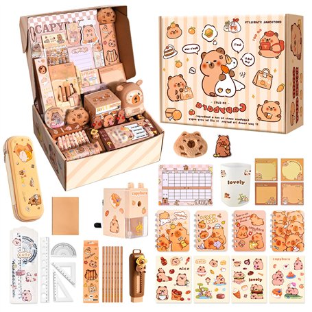 Trousse Capybara Kawaii Papeterie Set: Ensemble avec Crayons Autocollants Taille Crayon - Coffret Cadeau Enfants