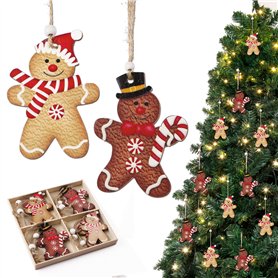 12Pcs Décoration Sapin Noël Pendentif en Bois Motif Bonhomme Pain d’épice Suspension Ornement à Suspendre pour Arbre Noël Chambr