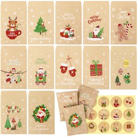 48Pcs Mini Enveloppe Noël 48Pcs Autocollant Pochette en Kraft Sac Cadeau Merry Christmas Joyeux Noël Sachet pour Petit Cadeau Bo