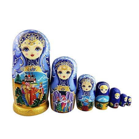 Winterworm Lot de 7 poupées russes traditionnelles en bois émaillé bleu doré pour enfant