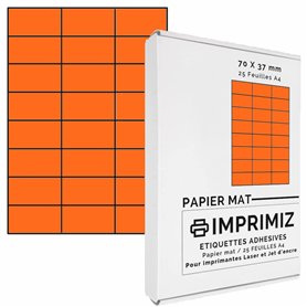 600 étiquettes autocollantes Orange fluo de 70 X 37 mm - 24 étiquettes/feuille - 25 planches papier A4 adhésif couleur - pour im