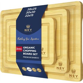 Lot de 3 grandes planches à découper 2 en 1 en bois de bambou de qualité supérieure avec rainure pour jus
