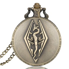 L'ancien Scrolls Vintage Bronze Copper Skyrim Montre De Poche Hommes Pendentif Rétro Quartz Antique Dragon Montre De Poche Colli