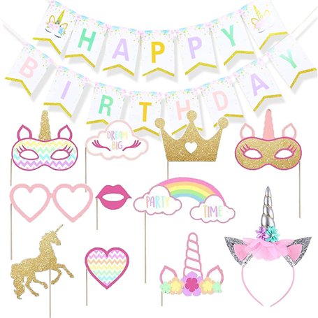 Simuer Bannière arc-en-ciel Happy Birthday + accessoires de photomaton licorne (10 pièces entièrement assemblées) pour filles
