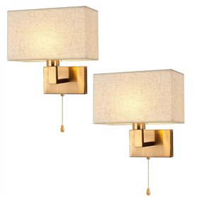 JHYPVII Applique Murale Doré Lot de 2 avec Interrupteur à Tirette Lampe Murale Chambre avec Abat-Jour en Tissu Luminaire Mural I