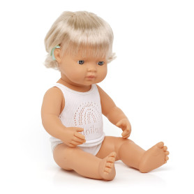 Miniland 31115 Fille européenne avec Appareil auditif dans Une boîte Cadeau Blanc 38 cm