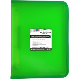 Grafoplás Classeur à anneaux avec fermeture éclair A4+ Vert | Multiline | 4 anneaux mixtes 25 mm | Couverture en polypropylène r