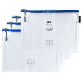 Grafoplas Lot de 4 sacs à fermeture éclair EVA A4 | Fabriqués en caoutchouc EVA transparent avec fermeture éclair bleue | Parfai