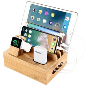 SETROVIC Station de Charge en Bambou - Organiseur de Bureau pour plusieurs appareils - Compatible avec téléphone Portable/Tablet