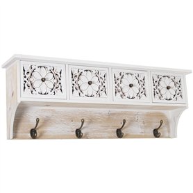 DRW Porte-manteau mural en bois MDF ajouré avec 4 tiroirs et 4 crochets en métal blanc et laiton 60 x 12 x 21 cm