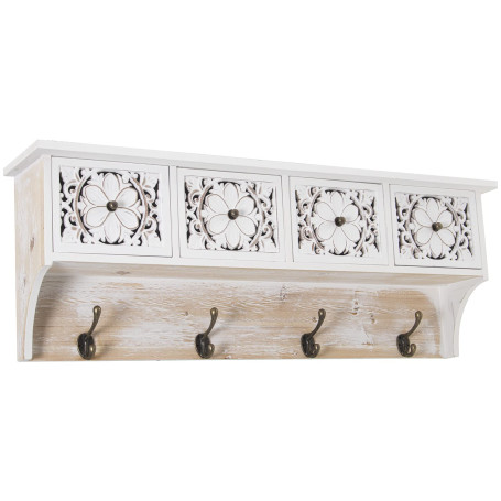 DRW Porte-manteau mural en bois MDF ajouré avec 4 tiroirs et 4 crochets en métal blanc et laiton 60 x 12 x 21 cm