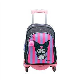 TOYBAGS Sac à Dos Scolaire Kuromi - Double Compartiment - avec Accessoire Pom-Pom - Adaptable + Chariot Rose Protection latérale