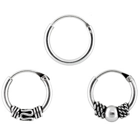 ENTREPLATA Lot 3 Anneaux Argent 925 – Créoles Bali Tribales + Lisse – Fait Main – 10 & 12 mm – Bijou Unisexe Certifié – Style Et