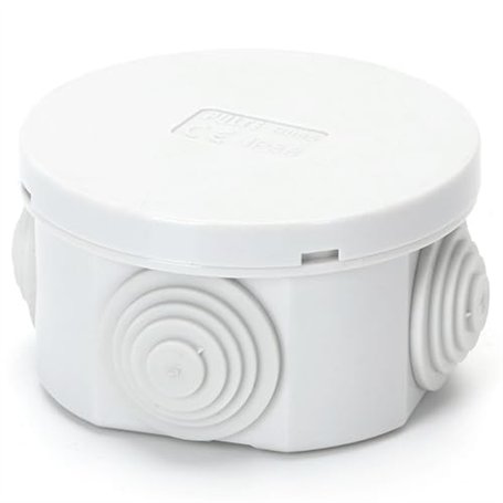 Boîte de jonction ronde IP44 étanche (65 x 30 mm) pour installations électriques extérieures et protection des câbles.