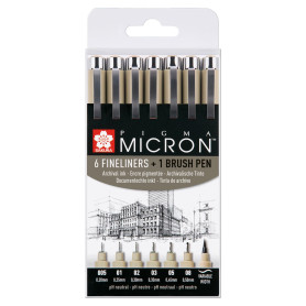 SAKURA Pigma Micron Pointe Callibrée Set de 6 + Brush Pen | Encre permanente résistante à l’eau| Stylos pour l'écriture