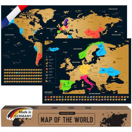 envami® Carte du Monde a Gratter - en Français - Plus Carte Européenne - 68 X 43 CM - Dorée - Planisphere Monde - Map Carte Mond