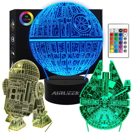 Lampe 3D Star Wars, 3 motifs, 1 socle, 1 télécommande, Motif Star Wars R2-D2, Étoile de la mort, Faucon Millenium, Avec télécomm