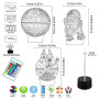 Lampe 3D Star Wars, 3 motifs, 1 socle, 1 télécommande, Motif Star Wars R2-D2, Étoile de la mort, Faucon Millenium, Avec télécomm